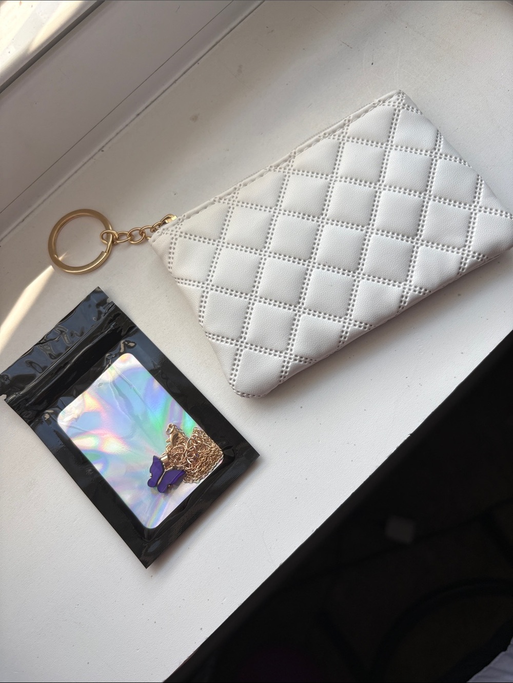 Quilted White Wristlet Pouch with Gold Keyring